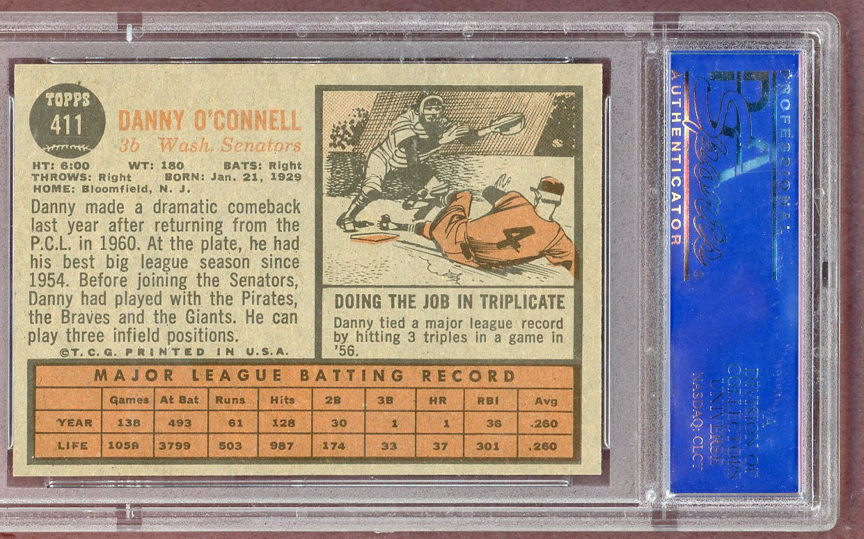 1962 Topps Baseball #411 Danny O'Connell Senators PSA 7 NM 561232