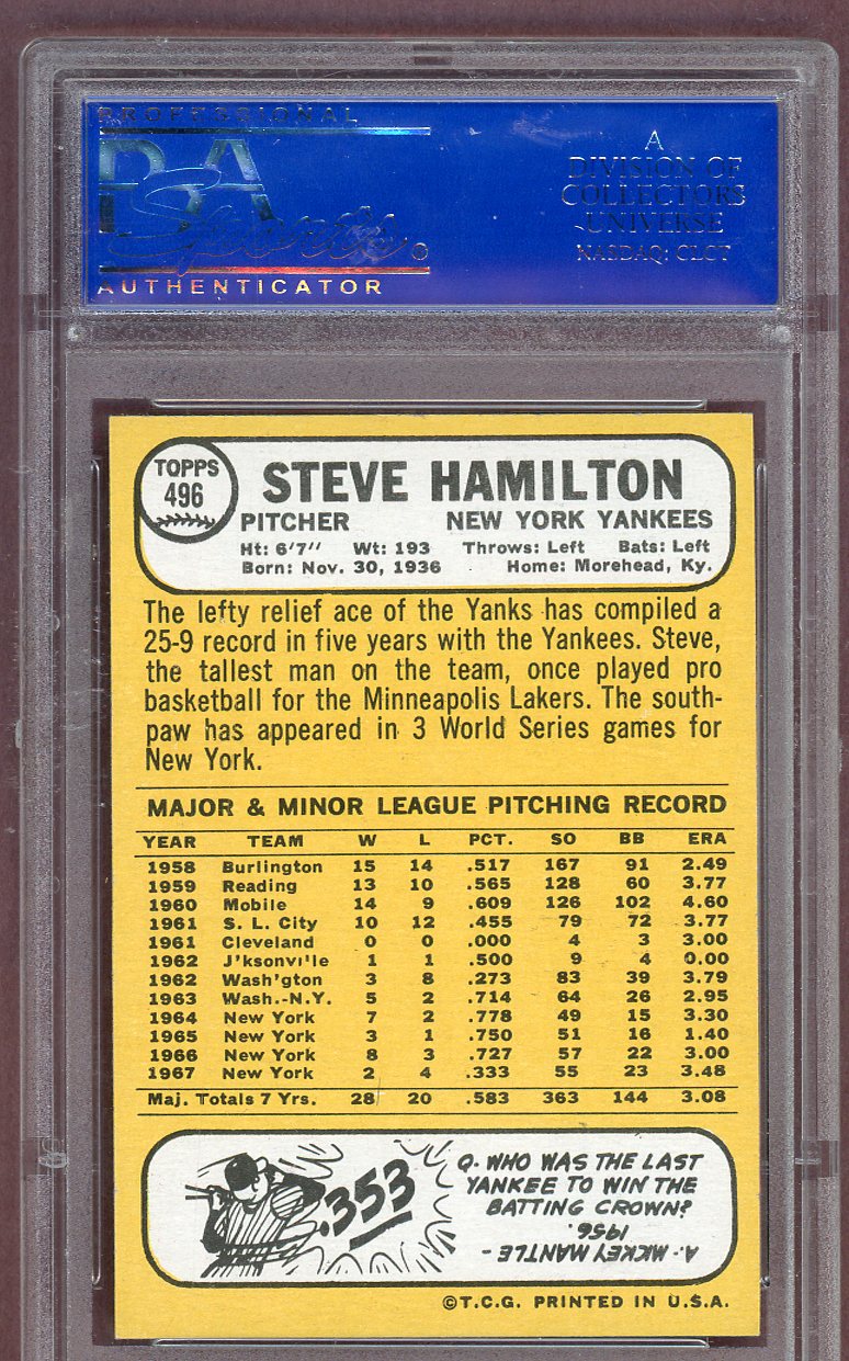 1968 Topps Baseball #496 Steve Hamilton Yankees PSA 8 NM/MT 561236