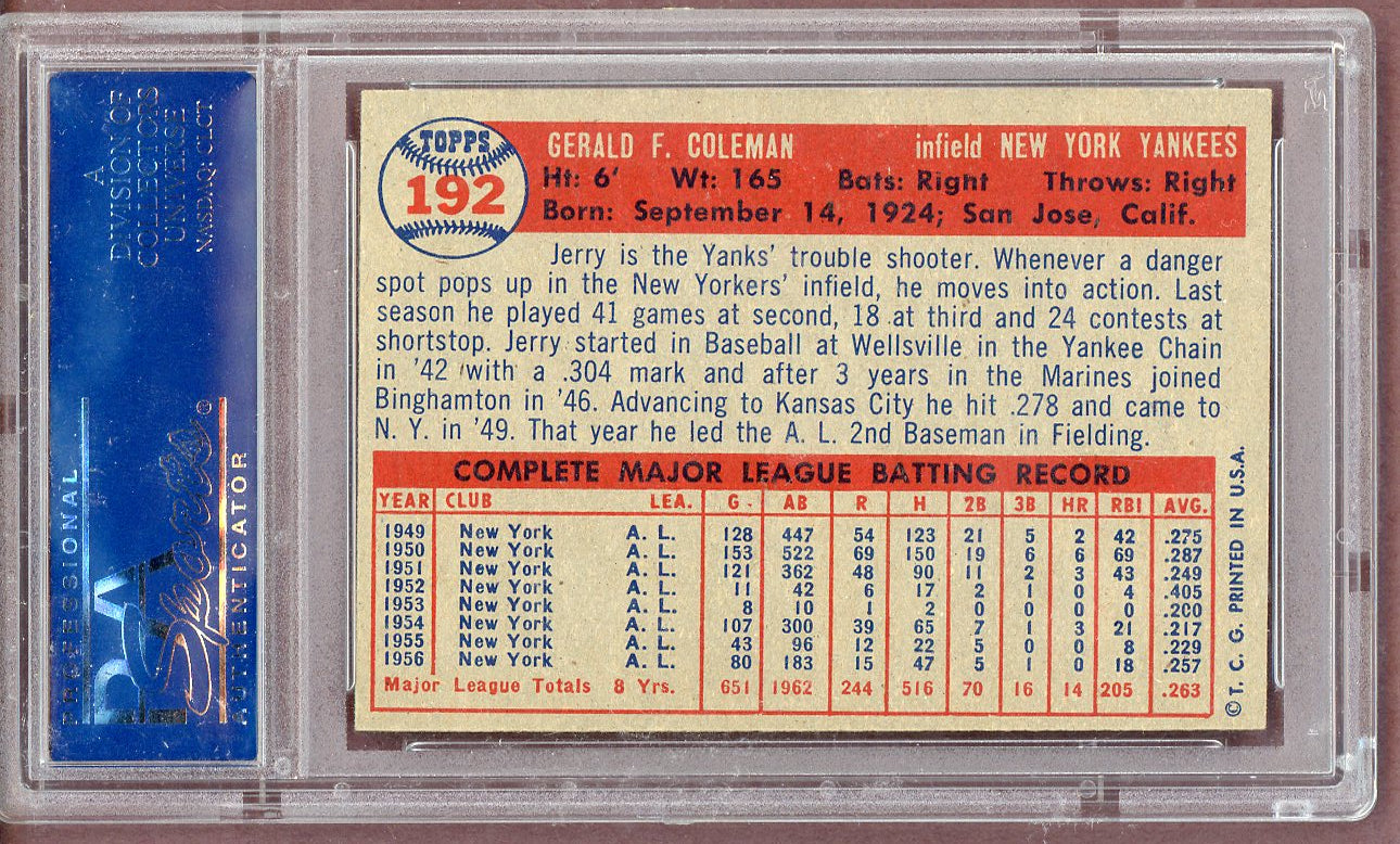 1957 Topps Baseball #192 Jerry Coleman Yankees PSA 7 NM 561274