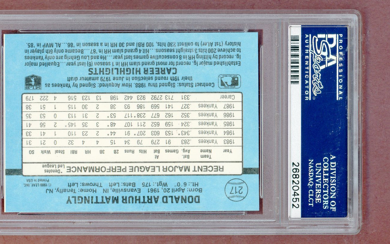 1988 Donruss #217 Don Mattingly Yankees PSA 10 GEM MINT 561336
