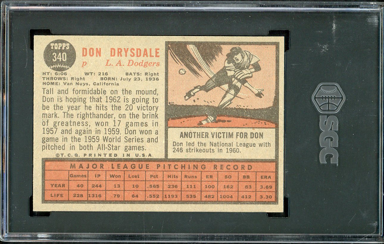 1962 Topps Baseball #340 Don Drysdale Dodgers SGC 7 NM 561578