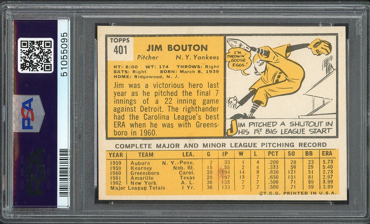 1963 Topps Baseball #401 Jim Bouton Yankees PSA 7 NM 561633
