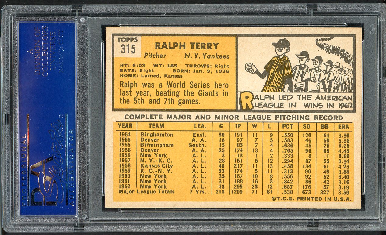 1963 Topps Baseball #315 Ralph Terry Yankees PSA 7 NM 561642
