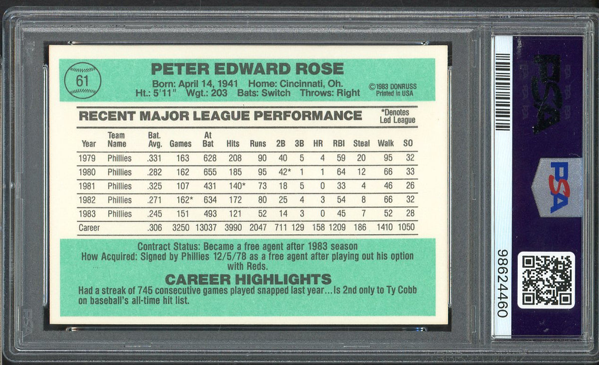 1984 Donruss #061 Pete Rose Phillies PSA 10 GEM MINT 561657