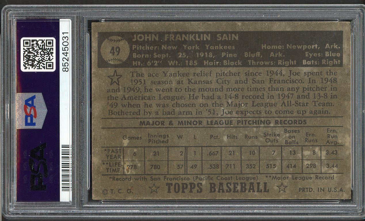 1952 Topps Baseball #049 Johnny Sain Yankees PSA 2 GD Black Page Bio 561678