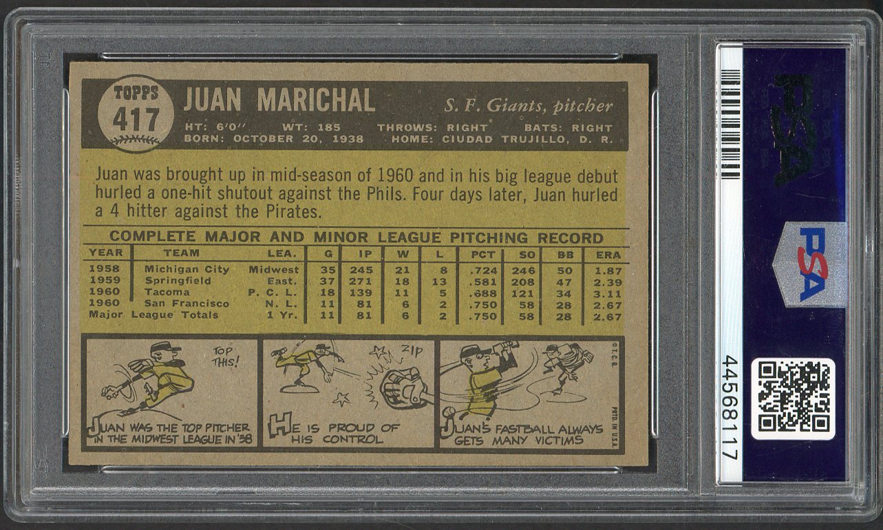 1961 Topps Baseball #417 Juan Marichal Giants PSA 7 NM 561696