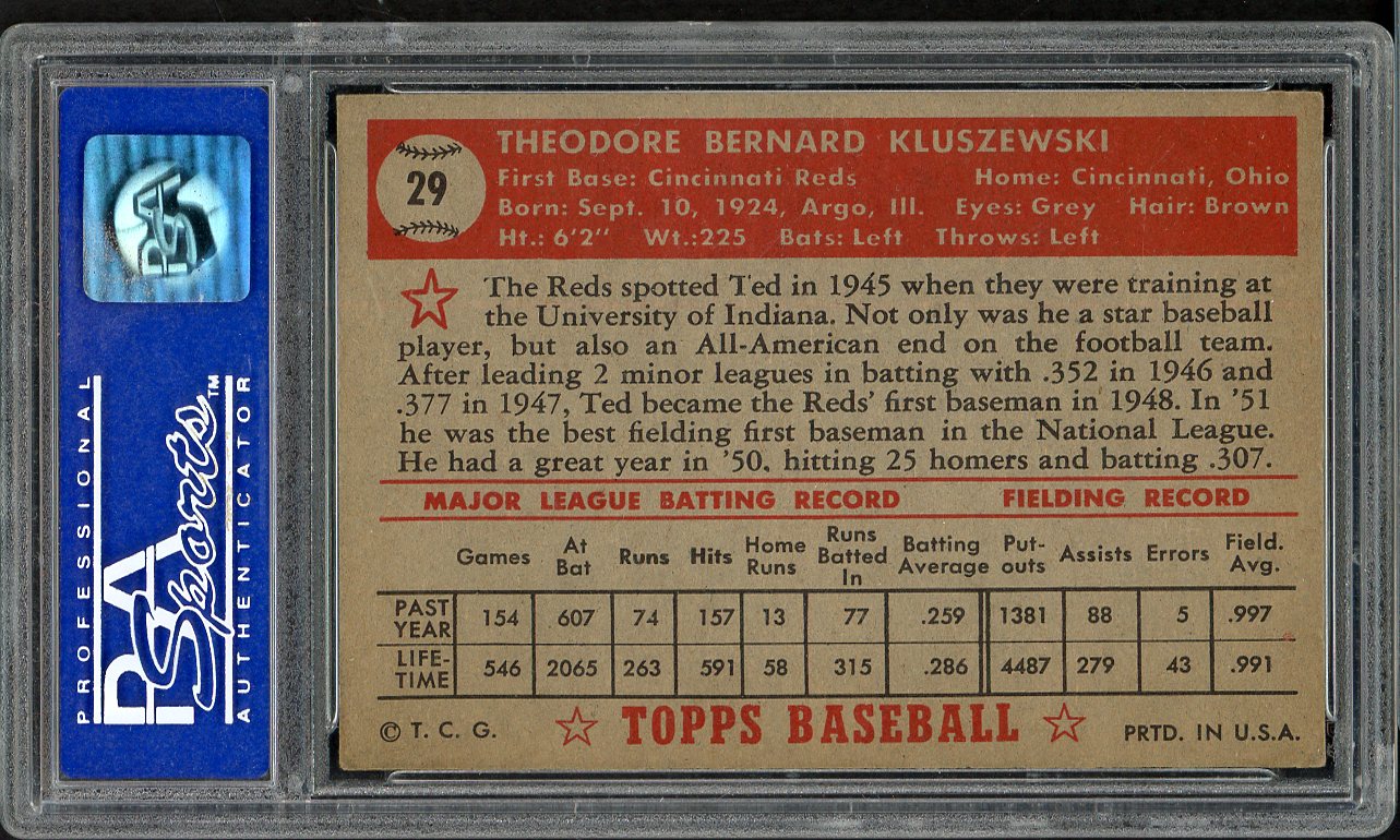 1952 Topps Baseball #029 Ted Kluszewski Reds PSA 6 EX-MT Red 561700