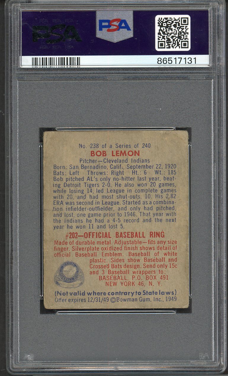 1949 Bowman Baseball #238 Bob Lemon Indians PSA 2.5 GD+ 561718