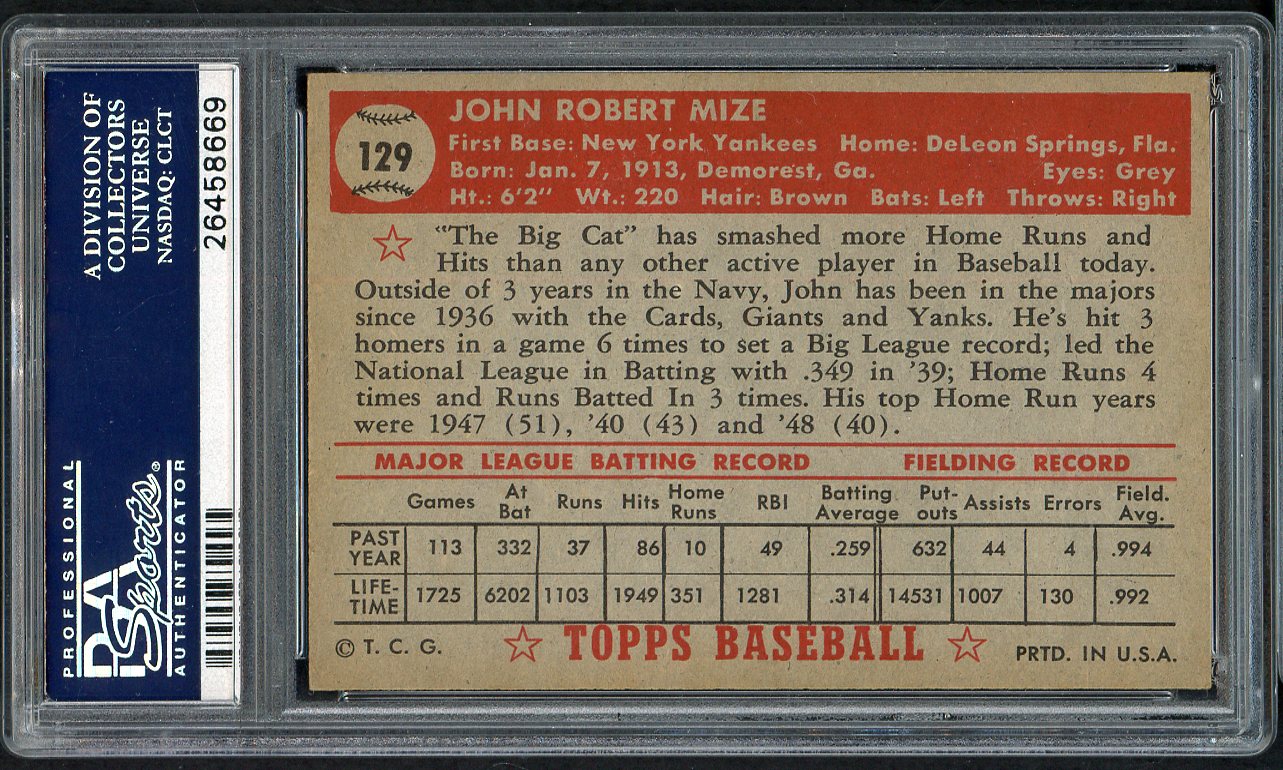 1952 Topps Baseball #129 Johnny Mize Yankees PSA 6 EX-MT 561740