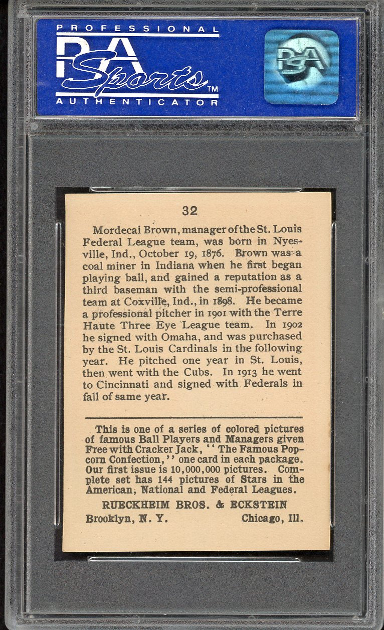1914 Cracker Jack #032 Mordecai Brown St. Louis Fed PSA 7 NM oc 561813