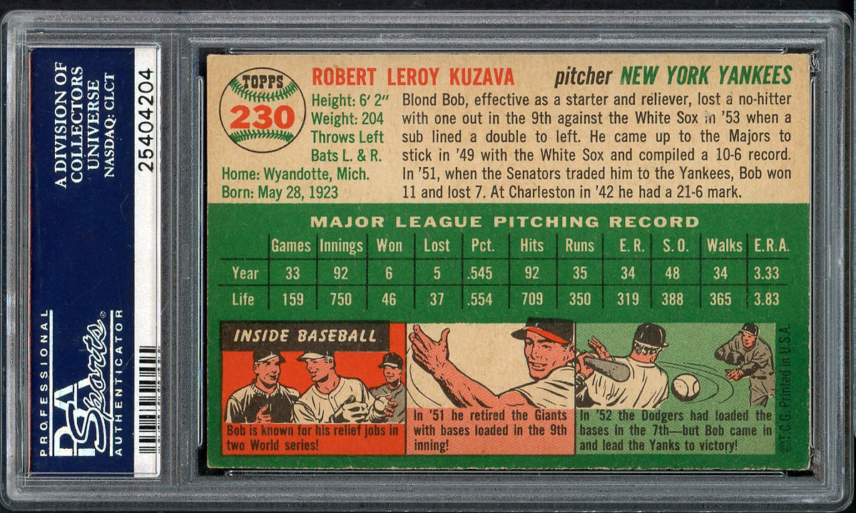 1954 Topps Baseball #230 Bob Kuzava Yankees PSA 5 EX 561940