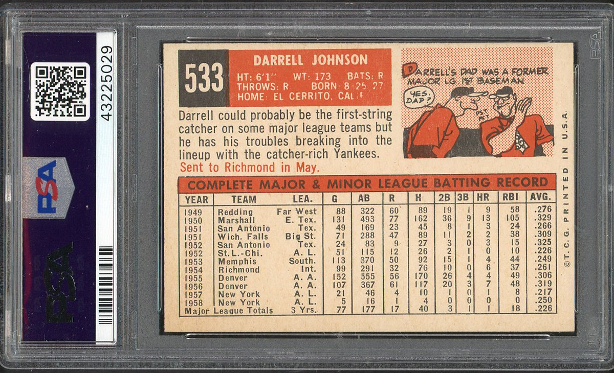 1959 Topps Baseball #533 Darrell Johnson Yankees PSA 7 NM 561986
