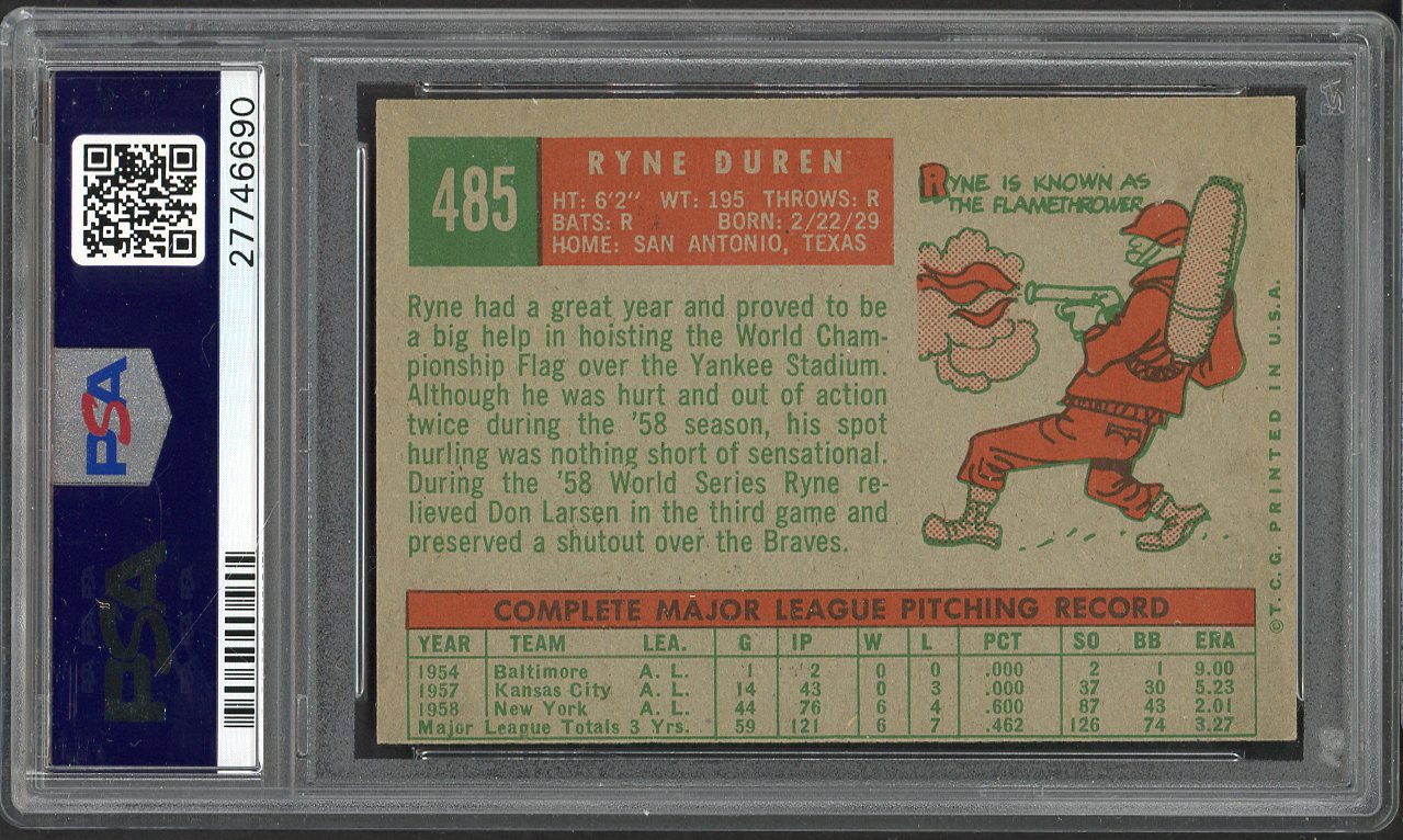 1959 Topps Baseball #485 Ryne Duren Yankees PSA 7 NM 561988