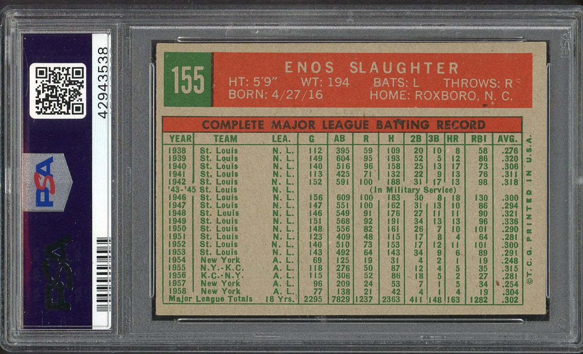 1959 Topps Baseball #155 Enos Slaughter Yankees PSA 6 EX-MT 561994