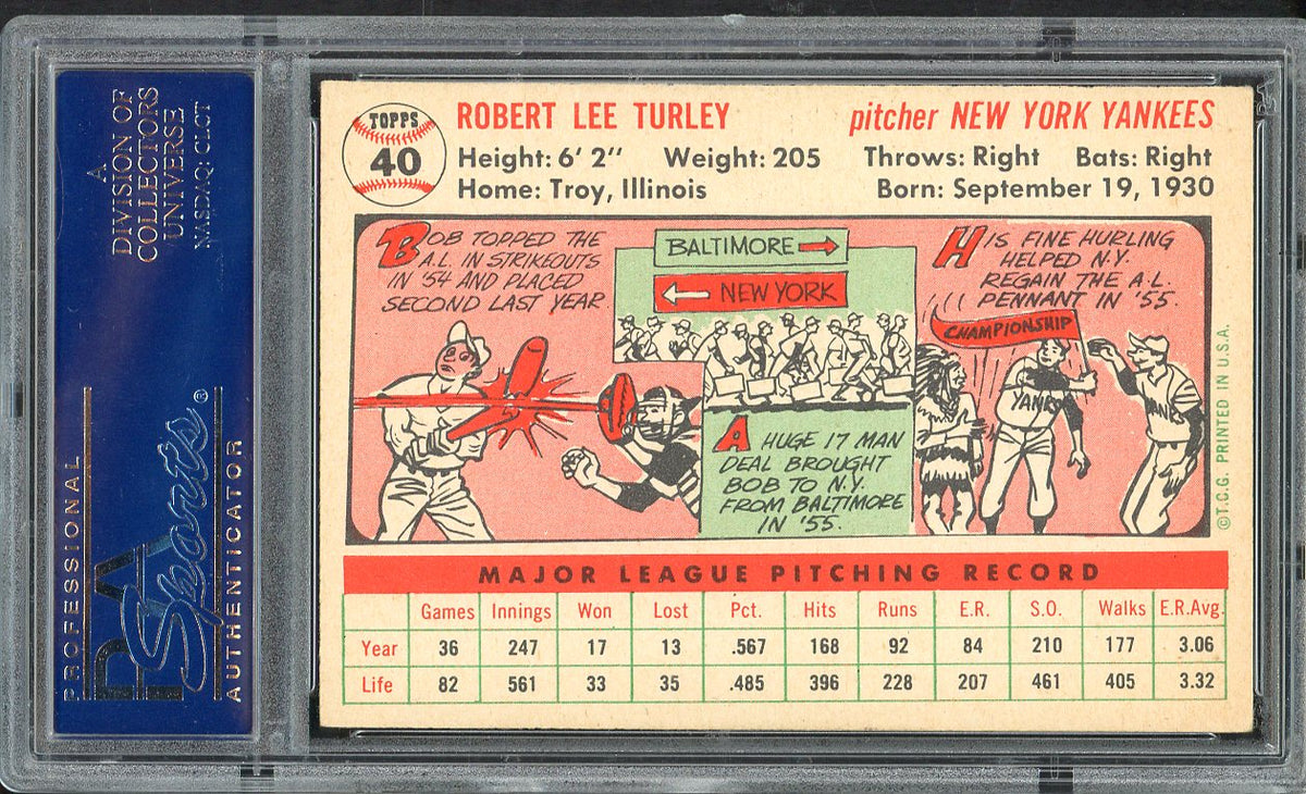 1956 Topps Baseball #040 Bob Turley Yankees PSA 6 EX-MT White 562006