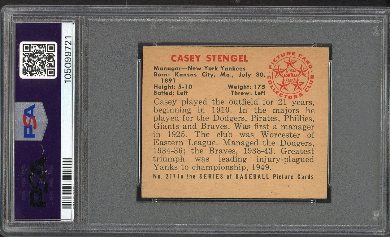 1950 Bowman Baseball #217 Casey Stengel Yankees PSA 4 VG-EX No Copyright 562046