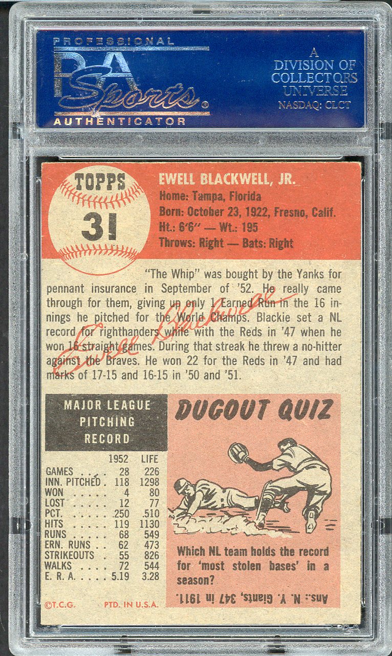 1953 Topps Baseball #031 Ewell Blackwell Yankees PSA 6 EX-MT 562056