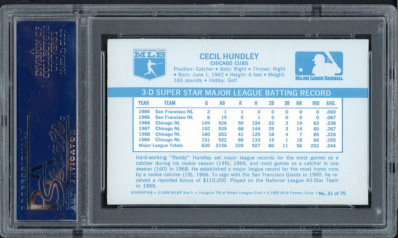 1970 Kelloggs Baseball #031 Randy Hundley Cubs PSA 9 MINT 562092