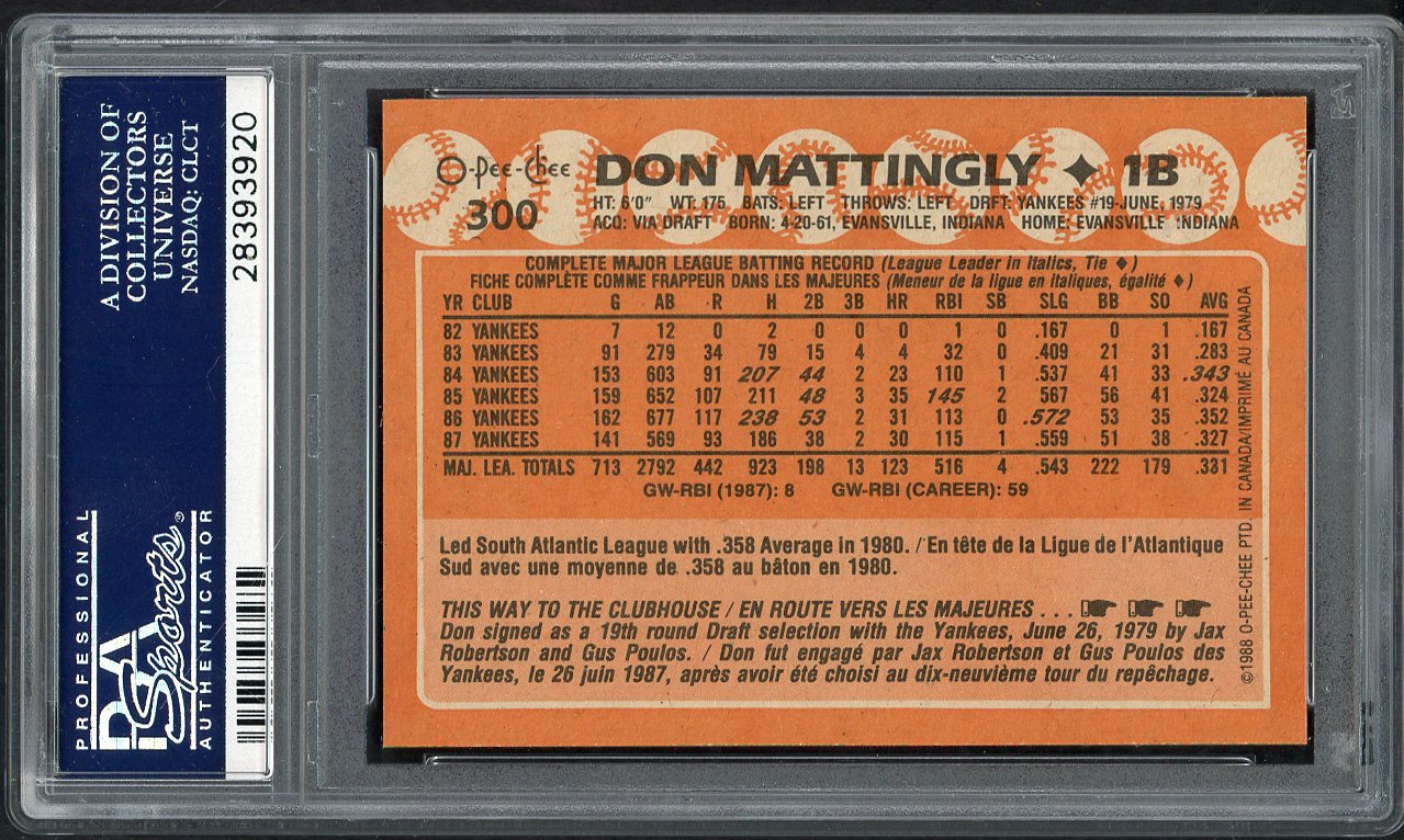 1988 O Pee Chee #300 Don Mattingly Yankees PSA 10 GEM MINT 562144