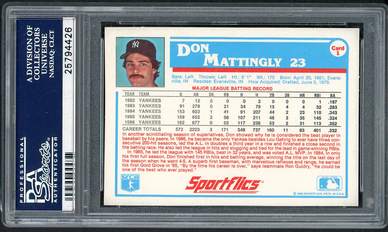 1987 Sportflics #001 Don Mattingly Yankees PSA 10 GEM MINT 562145