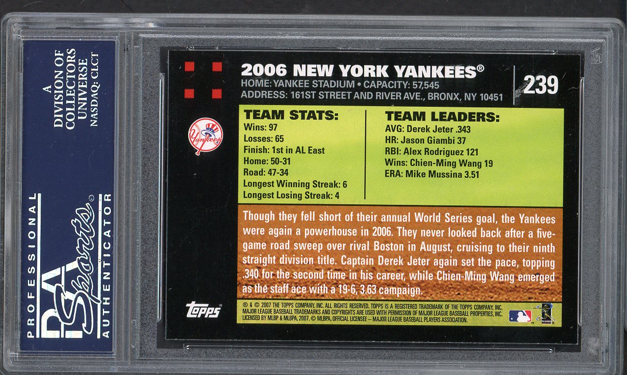 2007 Topps #239 New York Yankees Team PSA 10 GEM MINT 562184