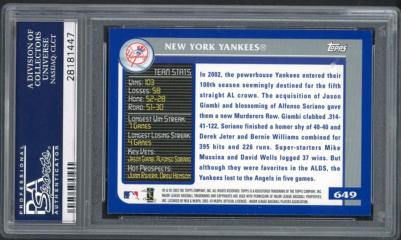 2003 Topps #649 New York Yankees Team PSA 10 GEM MINT 562188