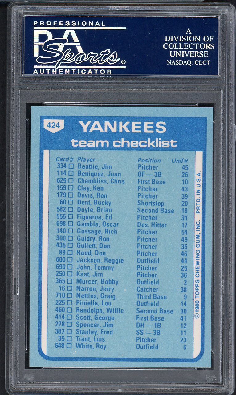 1980 Topps Baseball #424 New York Yankees Team PSA 10 GEM MINT 562193