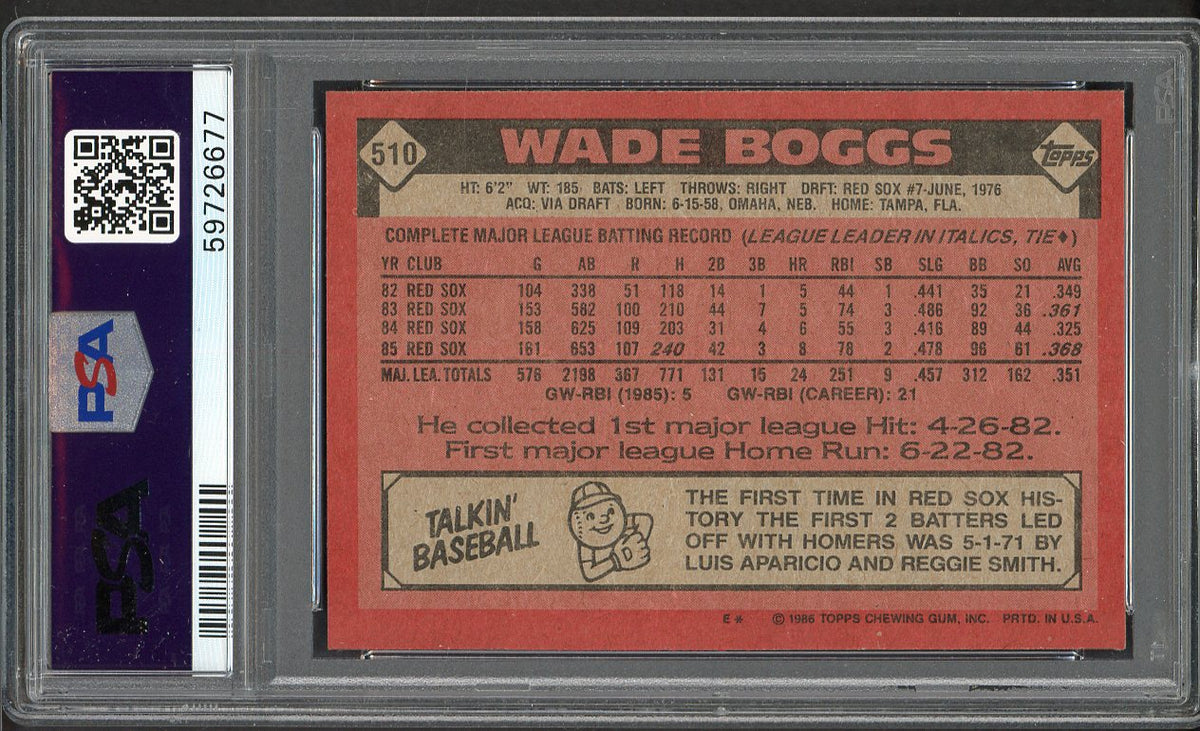 1986 Topps #510 Wade Boggs Red Sox PSA 9 MINT 562218