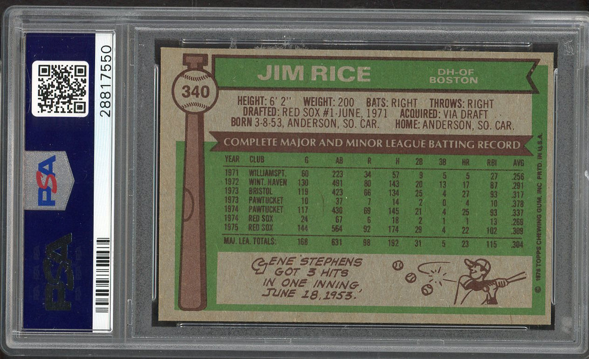 1976 Topps Baseball #340 Jim Rice Red Sox PSA 8 NM/MT oc 562301