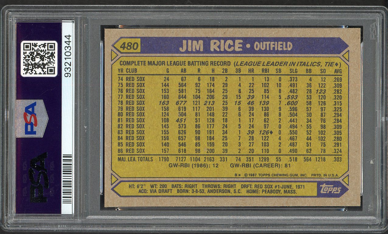 1987 Topps #480 Jim Rice Red Sox PSA 10 GEM MINT 562308