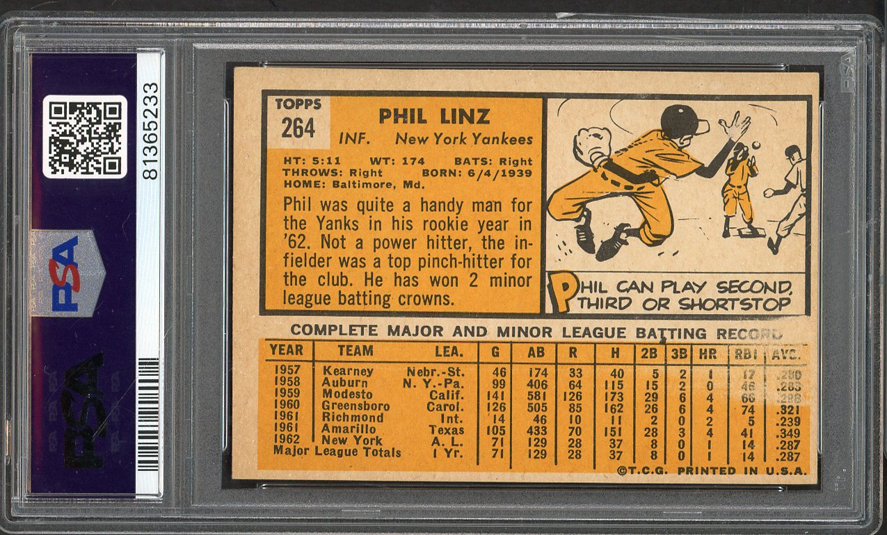 1963 Topps Baseball #264 Phil Linz Yankees PSA 6 EX-MT 562311