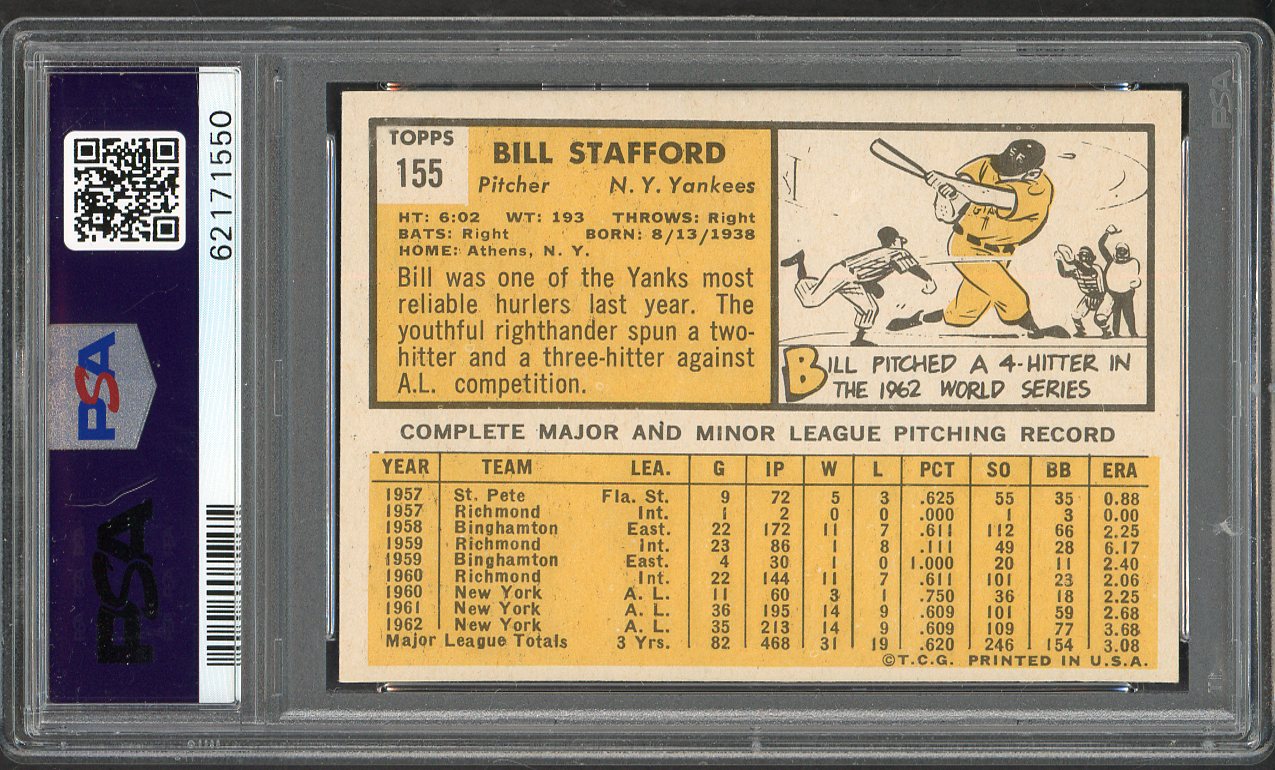 1963 Topps Baseball #155 Bill Stafford Yankees PSA 6 EX-MT 562312