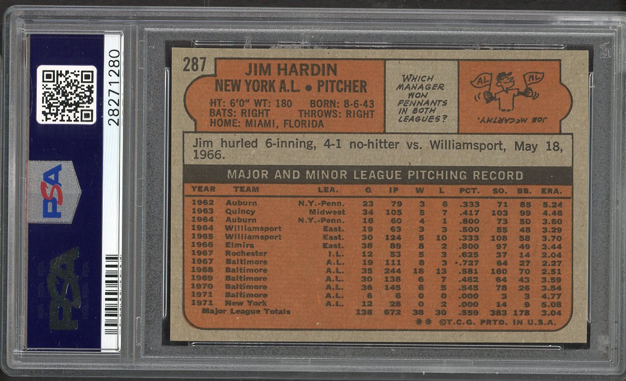 1972 Topps Baseball #287 Jim Hardin Yankees PSA 9 MINT 562321