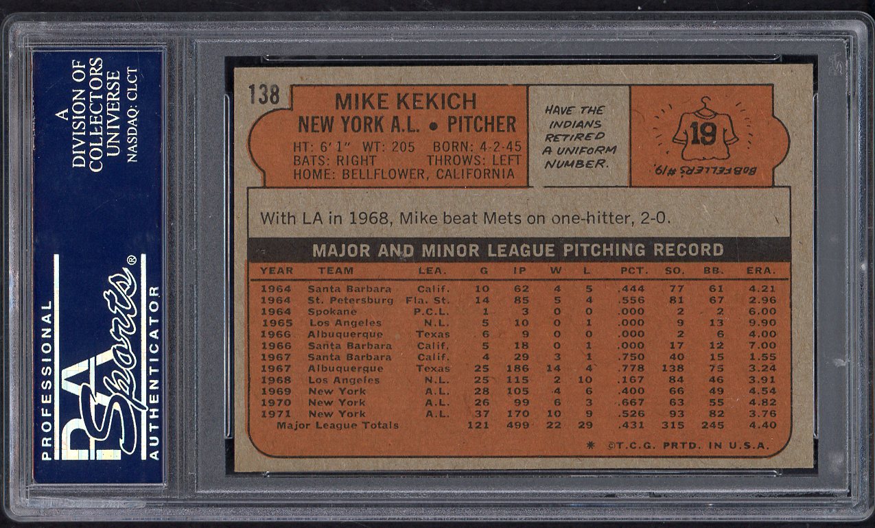 1972 Topps Baseball #138 Mike Kekich Yankees PSA 8 NM/MT 562324