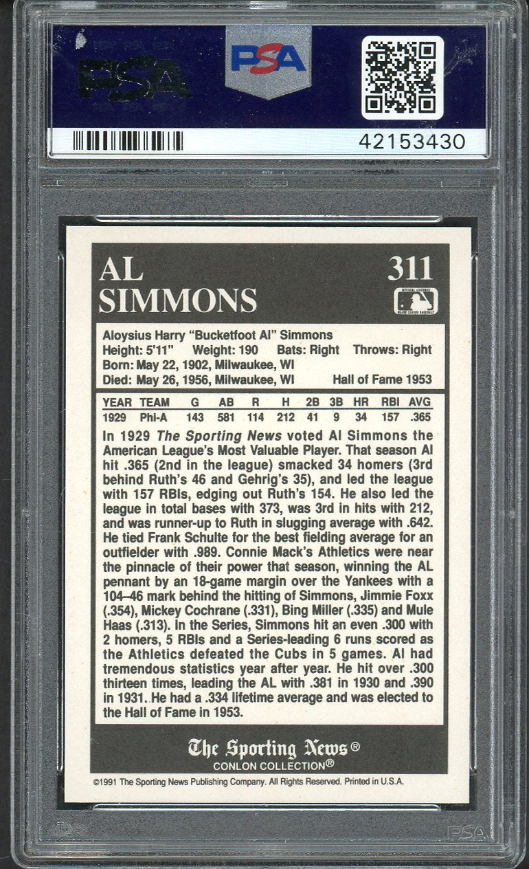 1991 Conlon Collection #311 Al Simmons A's PSA 9 MINT 562338