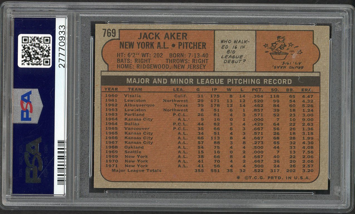 1972 Topps Baseball #769 Jack Aker Yankees PSA 9 MINT 562351