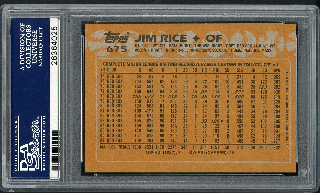 1988 Topps #675 Jim Rice Red Sox PSA 10 GEM MINT 562399