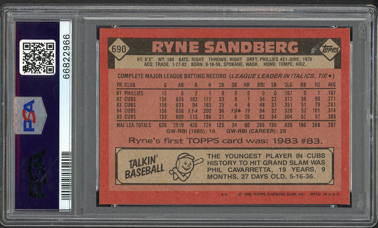 1986 Topps #690 Ryne Sandberg Cubs PSA 8 NM/MT 562407