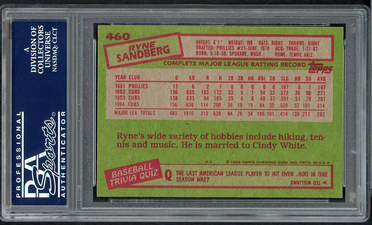 1985 Topps #460 Ryne Sandberg Cubs PSA 9 MINT 562408