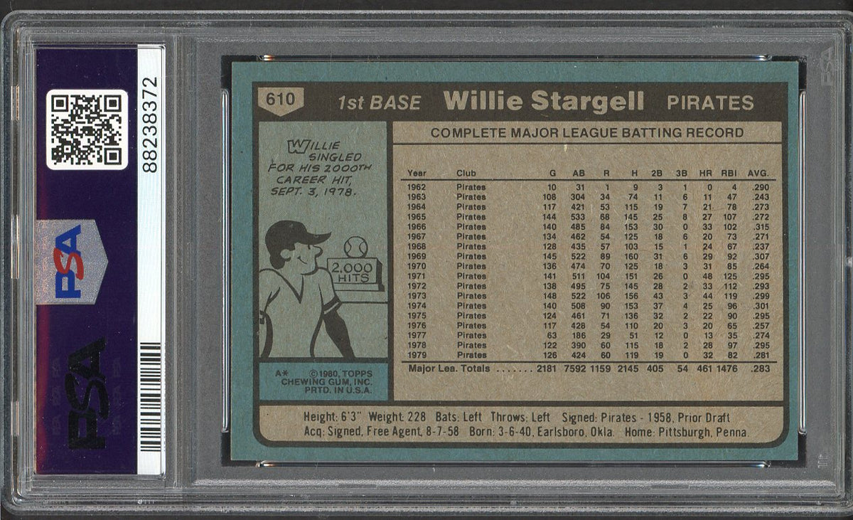 1980 Topps Baseball #610 Willie Stargell Pirates PSA 9 MINT 562410
