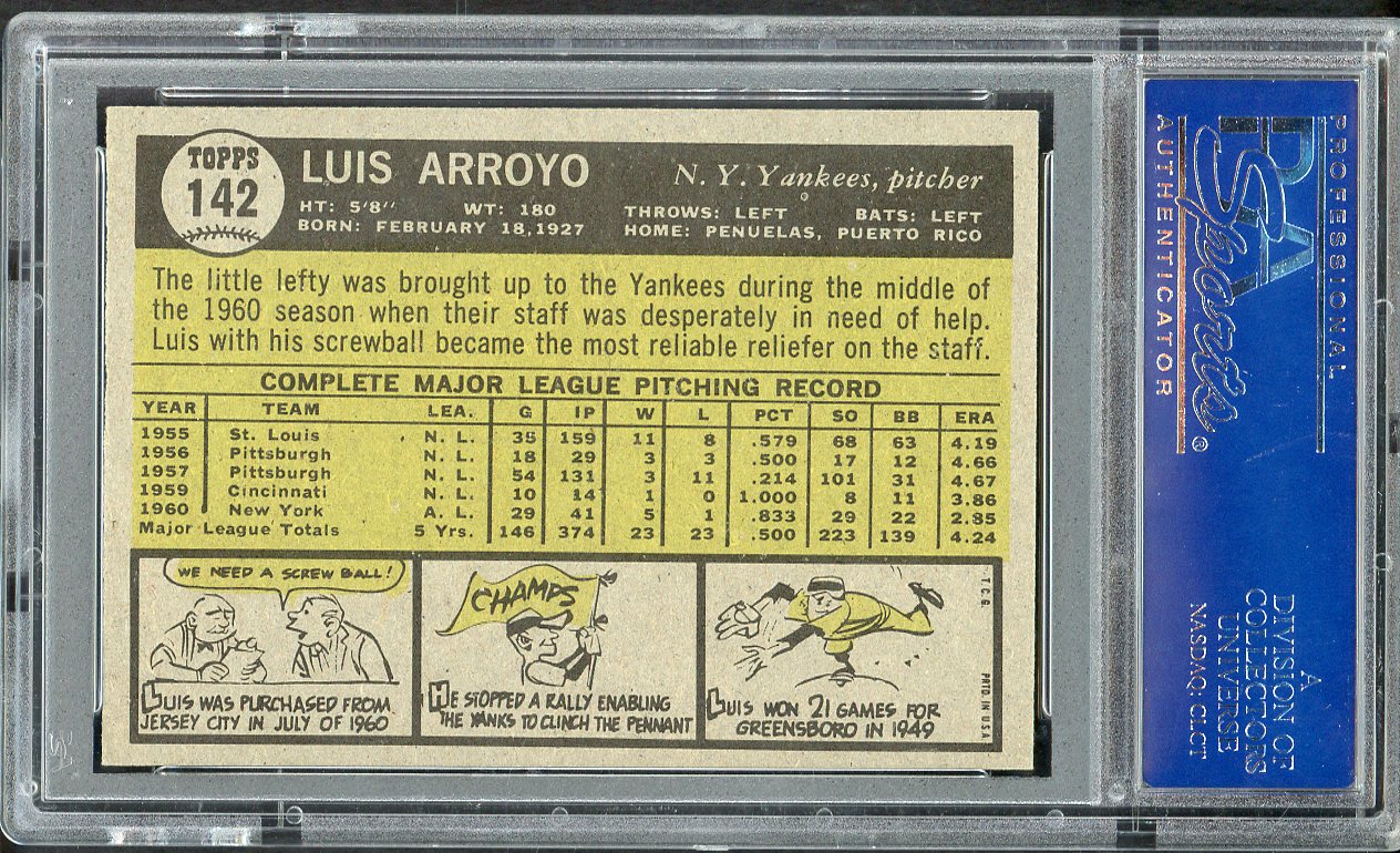 1961 Topps Baseball #142 Luis Arroyo Yankees PSA 7 NM 562497