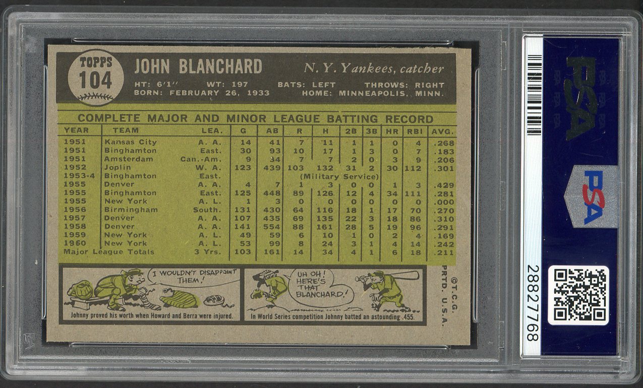 1961 Topps Baseball #104 John Blanchard Yankees PSA 8 NM/MT 562500