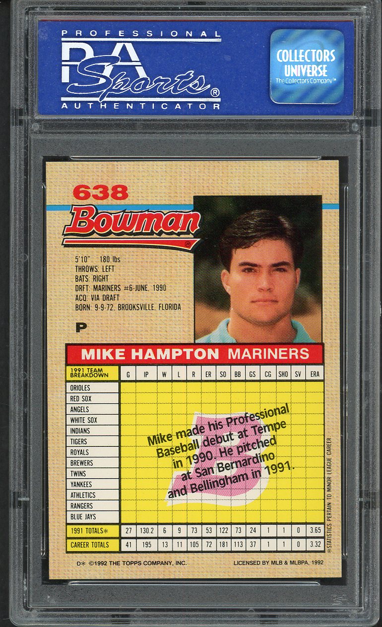 1992 Bowman #638 Mike Hampton Mariners PSA 9 MINT 562522