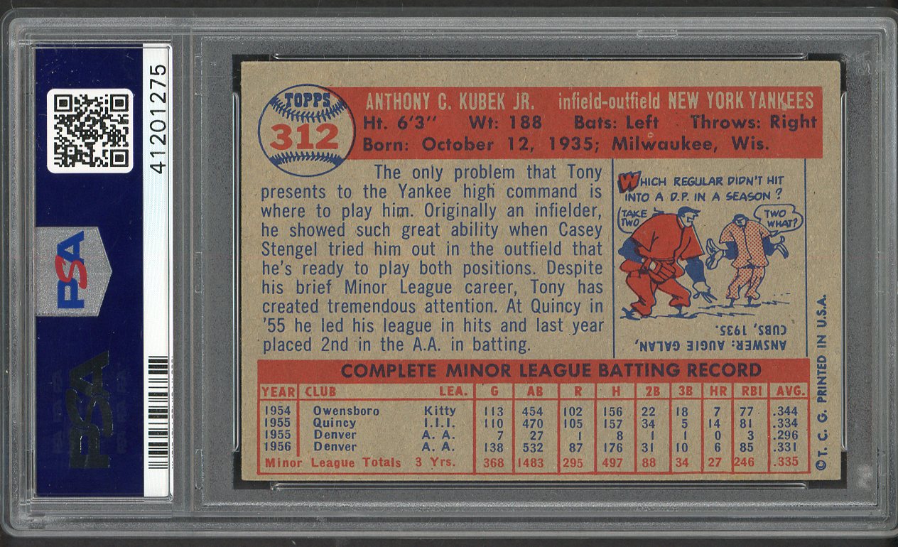1957 Topps Baseball #312 Tony Kubek Yankees PSA 7 NM 562546
