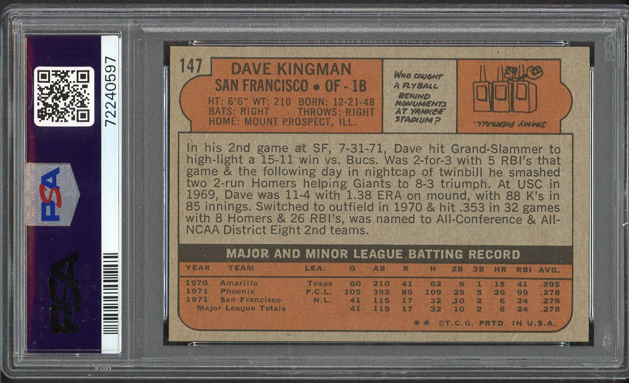 1972 Topps Baseball #147 Dave Kingman Giants PSA 7 NM 562617
