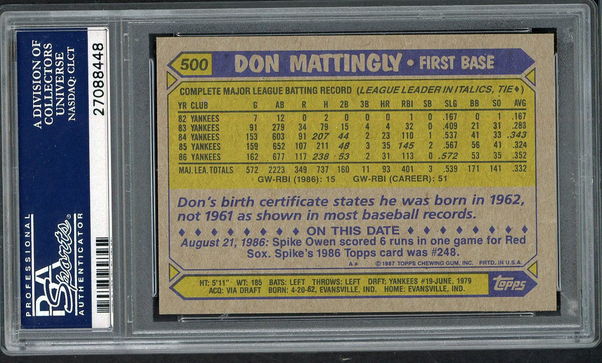 1987 Topps #500 Don Mattingly Yankees PSA 10 GEM MINT 562628