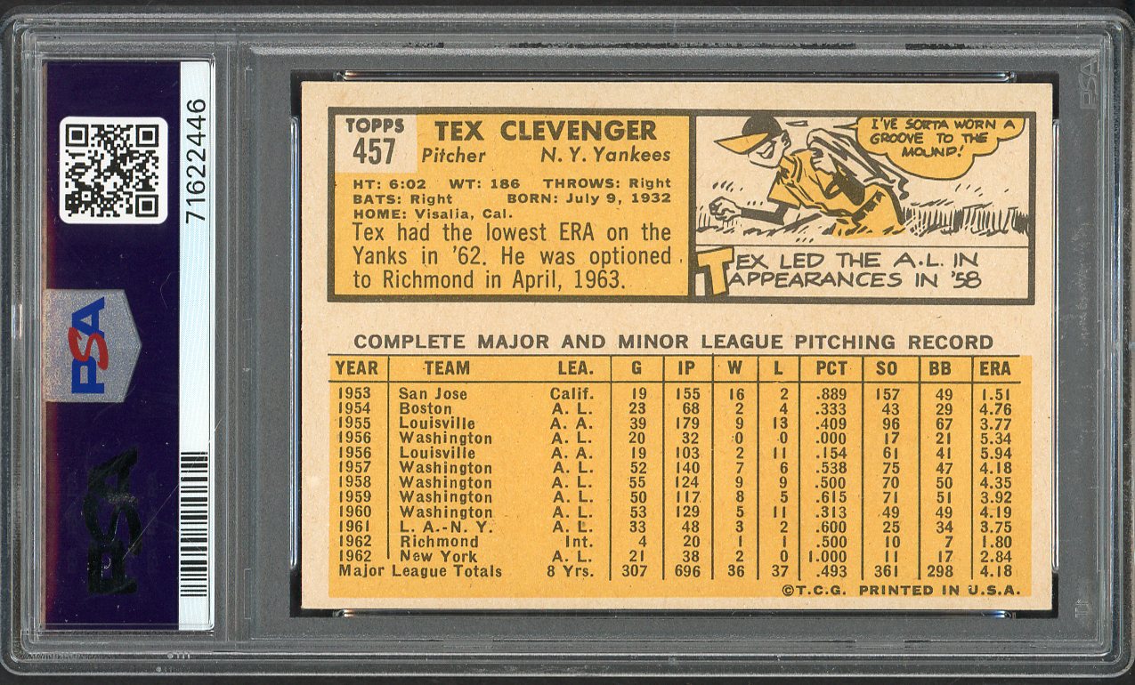 1963 Topps Baseball #457 Tex Clevenger Yankees PSA 5 EX 562635