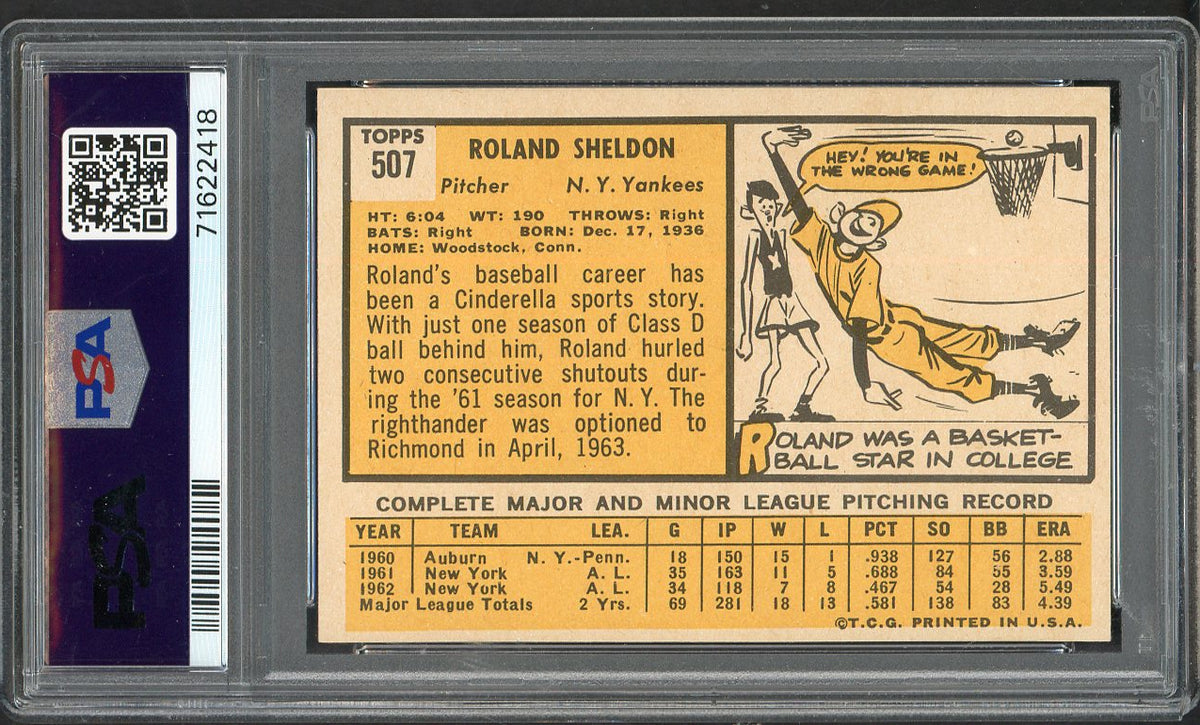 1963 Topps Baseball #507 Roland Sheldon Yankees PSA 7 NM 562668