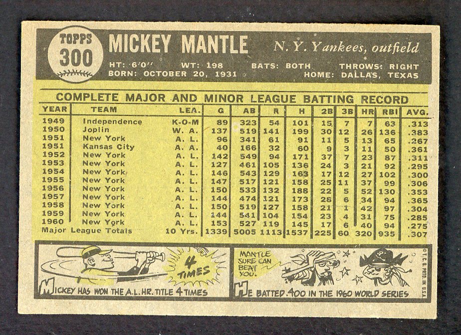 1961 Topps Baseball #300 Mickey Mantle Yankees EX-MT 562675