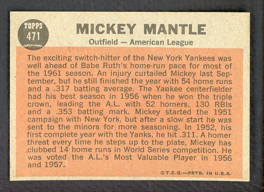 1962 Topps Baseball #471 Mickey Mantle A.S. Yankees EX-MT 562693